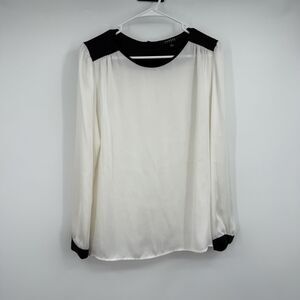 Womens Sandro Studio White LS Blouse L Black Detail Minimalist Capsule Preppy